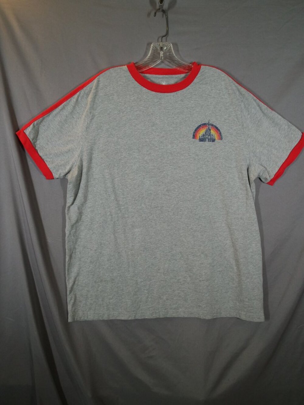 Disney World 1971 Ringer T-Shirt XL Grey Red Retro Castle Rainbow Tee